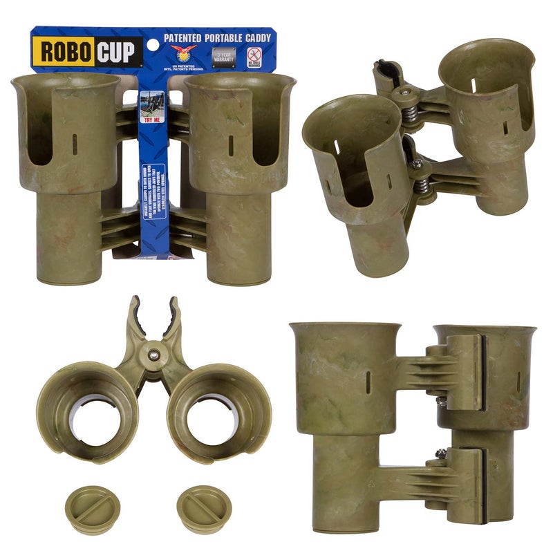 ROBOCUP, (Camo), Patented Boat Cup Holder, Clamp on Portable Storage Caddy Securely Holds 2 Drinks, Fishing Poles, Tools, Marine Gear | Perfect for Boating, Beach Umbrellas, Golf Carts - Image 1